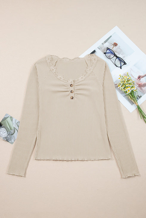 Lace Trim Button Henley Lettuce Edge Ribbed Top